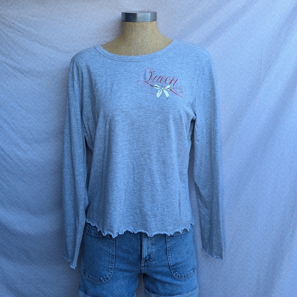 Victoria's Secret Pajama Top Women XL Gray Excellent Queen Glitter Lettuce Edge